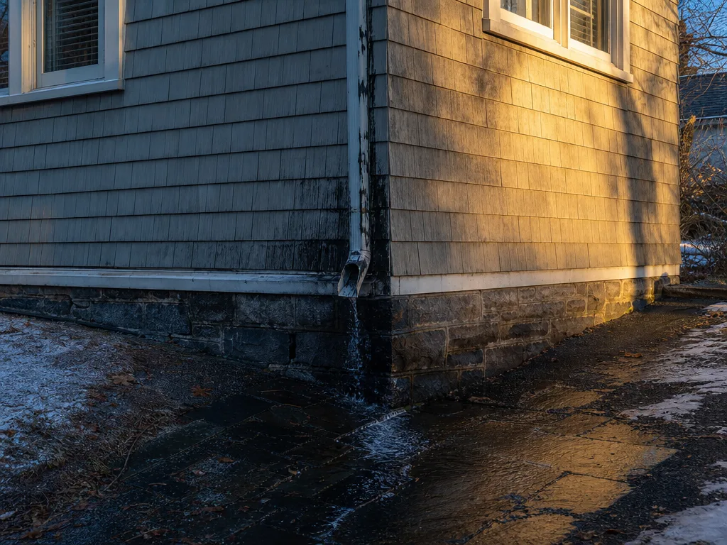 A blocked downspout overflowing at the corner of a shingled house, water running back across a sloping path toward the foundation