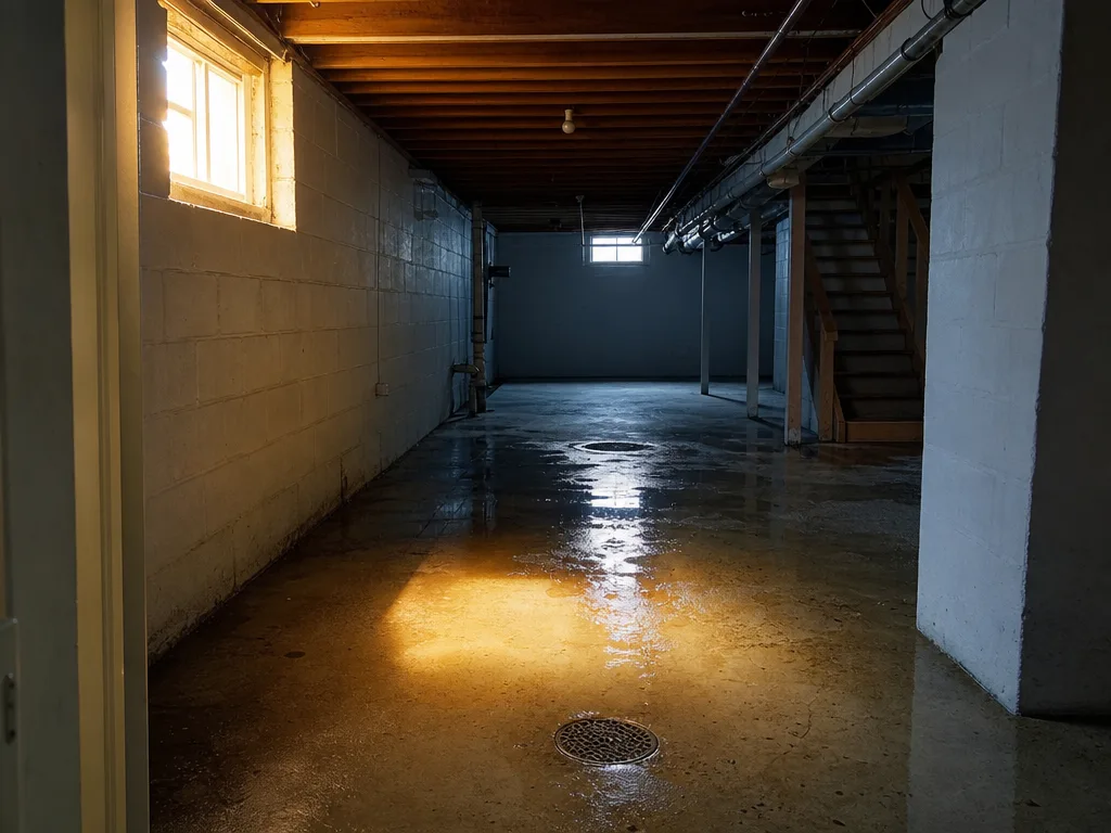 A shallow sheet of standing water lying around a cast iron floor drain on a basement floor under bare joists