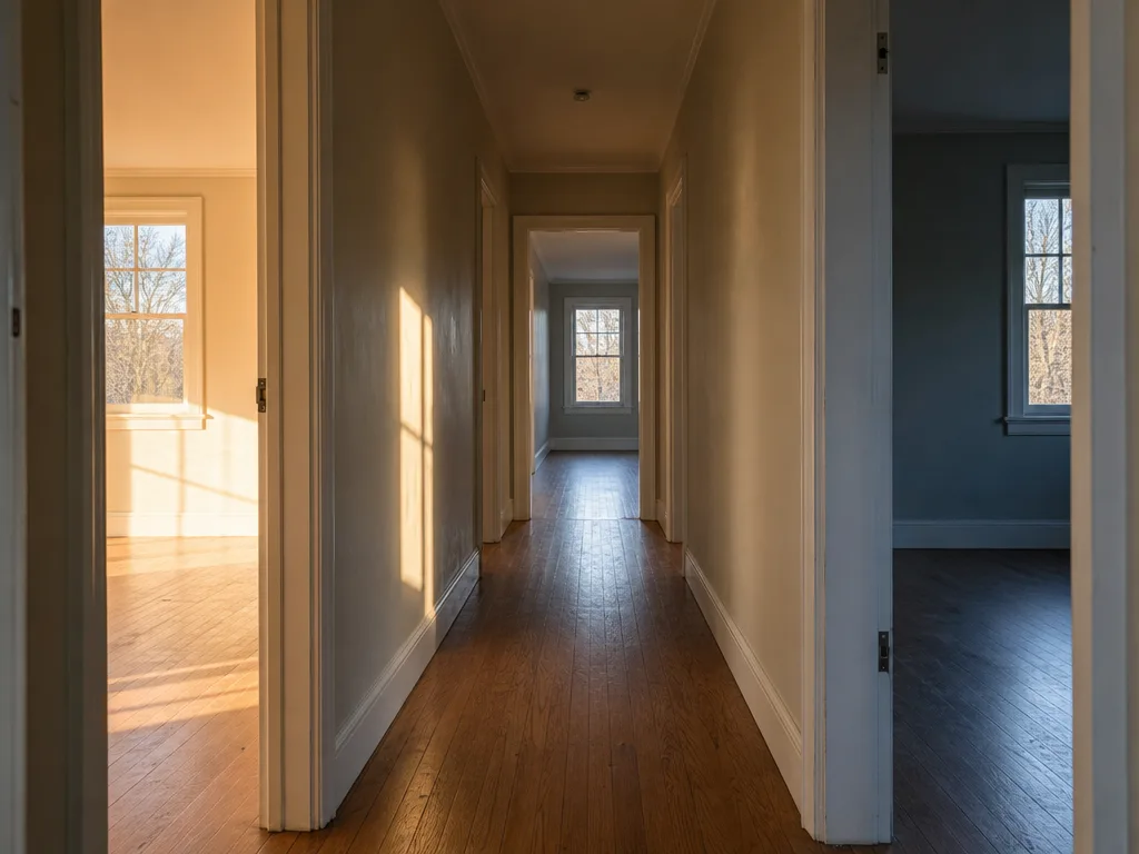 A hallway in an emptied house with doors open on both sides, one room in warm sun and the other in cold shade