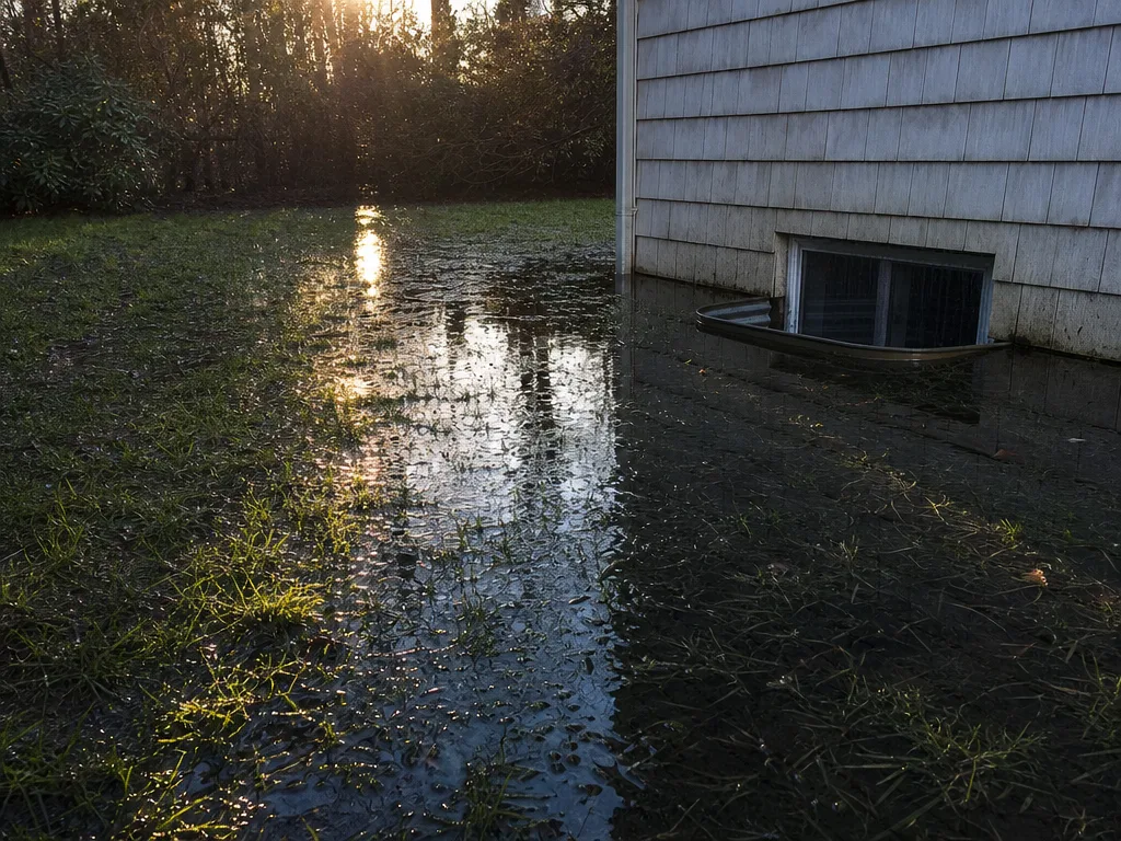 Sheet water standing across a flat back lawn after heavy rain, lying against a shingled house wall and a basement window well