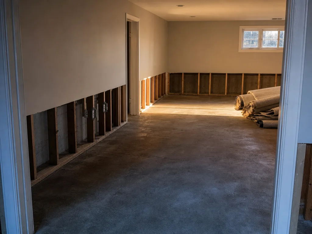 A stripped basement with the lower two feet of drywall cut away in a straight line, exposed studs, and rolled carpet stacked against one wall