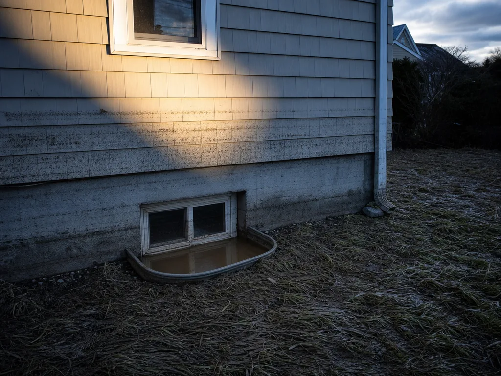 The base of a house wall after flooding, with a faint silt tide line across the shingles and a basement window well half full of muddy water