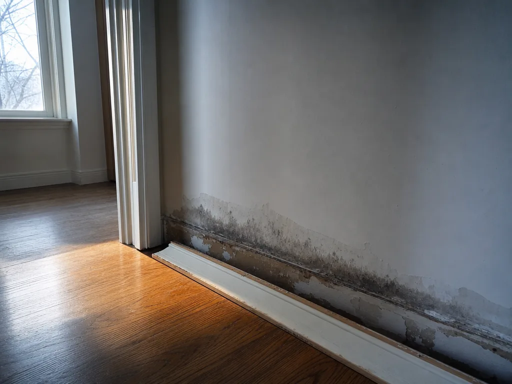A prised-off section of baseboard set aside on the floor, showing damp plaster and a dark band of discolouration spreading up from the floor line