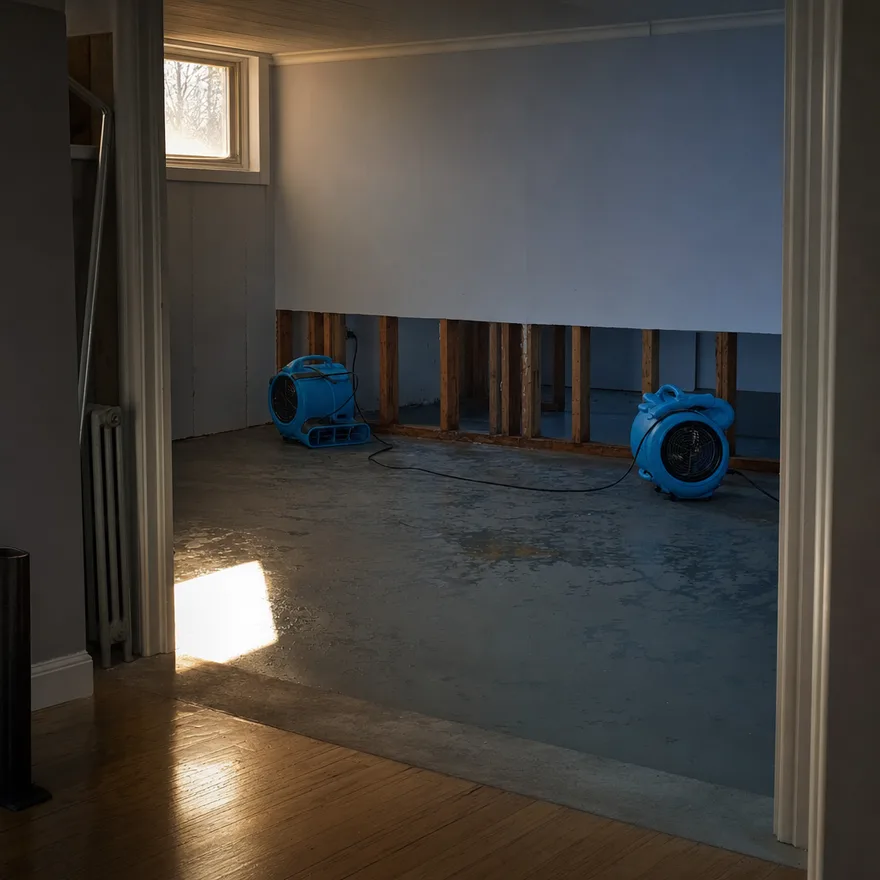 A basement utility room with drying equipment running