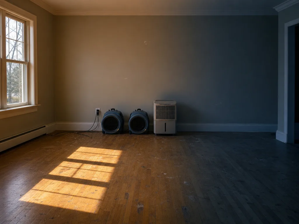 Two air movers and a dehumidifier standing on a bare floor in an emptied room