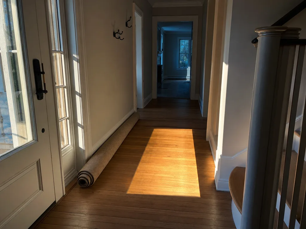 An entry hall seen from just inside the front door, bare floorboards with the runner rolled back