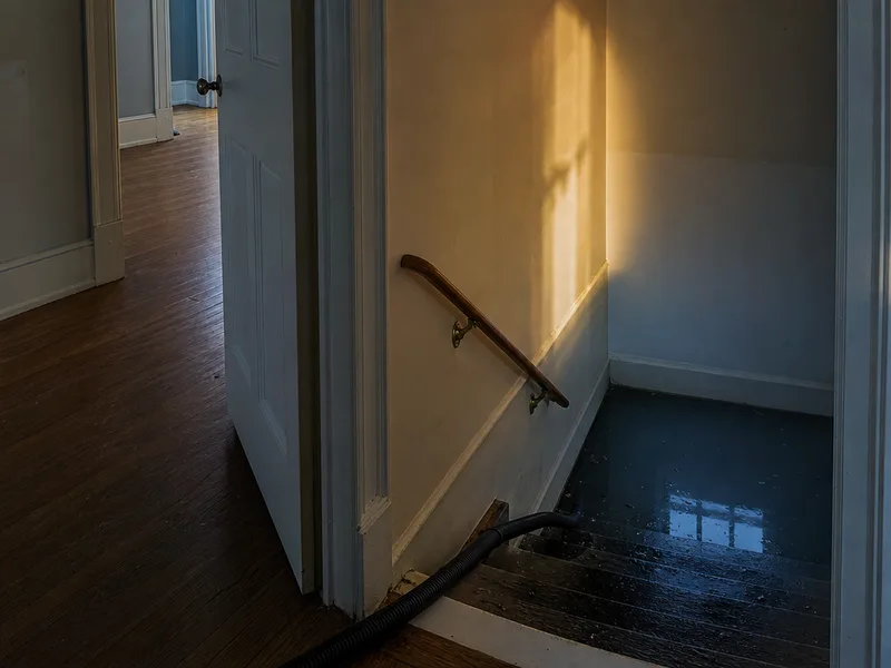 A basement stairwell with standing water across the bottom treads and a wet-vacuum hose running down into it