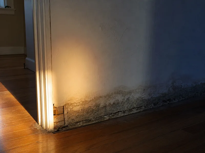 A plaster wall behind a removed section of baseboard showing dark discoloration spreading upward from the floor line