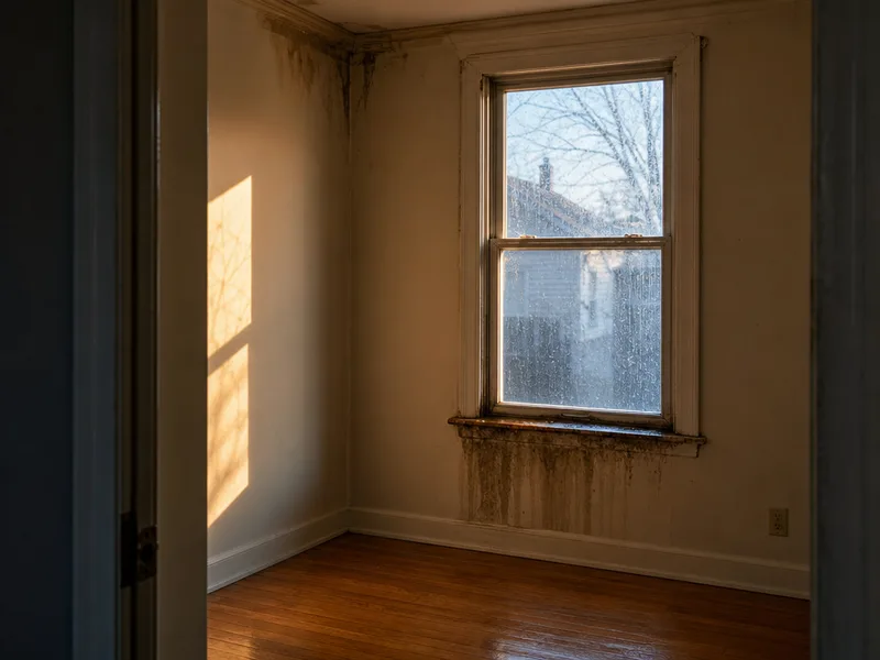 Wind-driven rain running down the inside of a window frame with a dark stain spreading across the wall beneath the sill